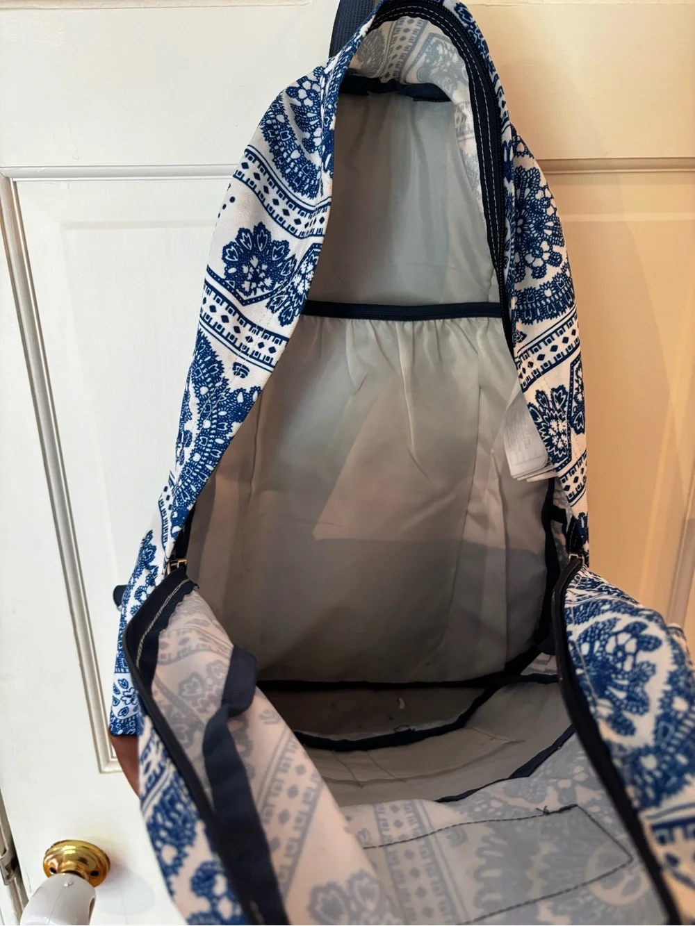 Jansport White and Blue Paisley Backpack with Brown Accent